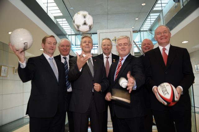 Taoiseach Enda Kenny, Peter Robinson, First Minister MLA, Eamon Gilmore T.D. Tanaiste and Minister for Foreign Affairs & Trade and Martin McGuinness, Deputy First Minister MLA with Jim Shaw, President Irish Football Association, Martin McAviney, President Ulster GAA and John Robinson, President Ulster Rugby at Sport & Reconciliation Conference hosted by Ulster GAA, Irish Football Association and IRFU Ulster Branch Market Place Theatre, Armagh, , 8 November 2013 Credit: LiamMcArdle.com