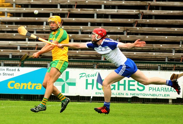 Donegal 's Sean McVeigh fires a shot at the Monaghan posts during the Ulster Senior Shield final in Enniskillen on Sunday. Photo Thomas Gallagher INDD 270616 Hurlinf shield final TG4