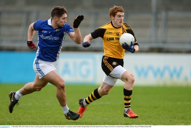 11 December 2016; Peter Harte of Ulster in action against Conor Dorman of Munster during the GAA Interprovincial Football Championship Semi Final match between Munster and Ulster at Parnell Park in Dublin. Photo by Piaras Ó Mídheach/Sportsfile