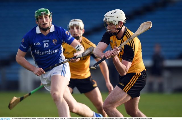 11 December 2016; Paddy Burke of Ulster in action against Shane Dowling of Munster during the GAA Interprovincial Hurling Championship Semi Final between Munster and Ulster at Semple Stadium in Co. Tipperary. Photo by Matt Browne/Sportsfile