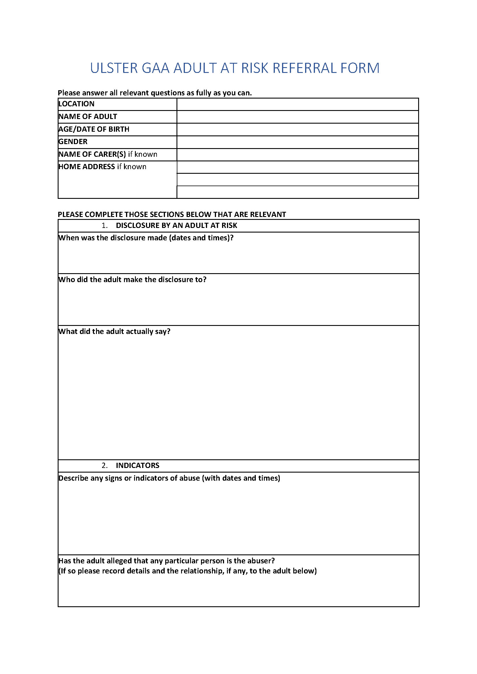 Ulster GAA Adult at Risk Referral Form 2023