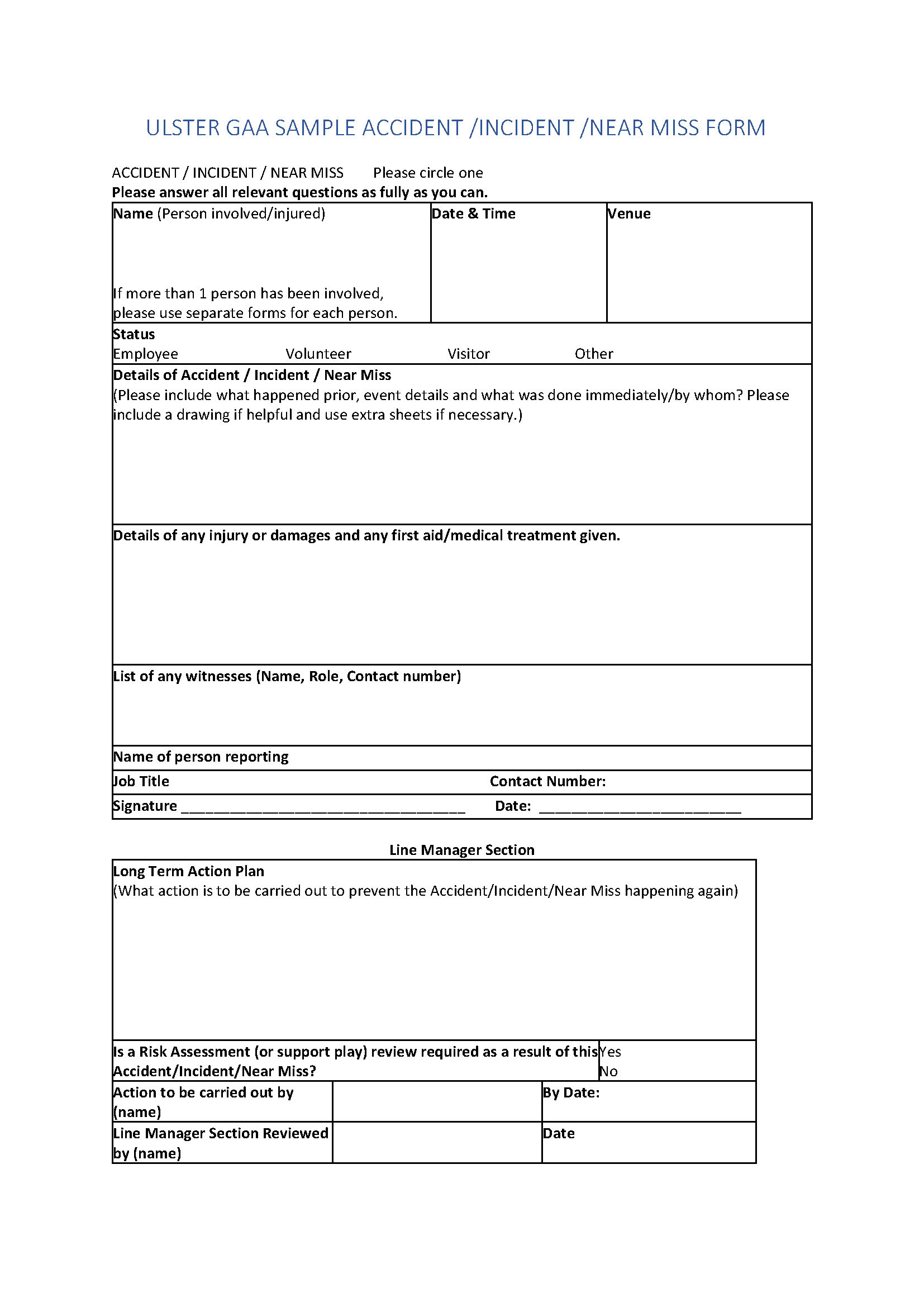 Ulster GAA Sample Accident Form 2023